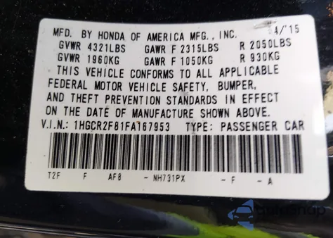 2015 Honda Accord Ex-L z USA, uszkodzony, nr VIN 1HGCR2F81FA167953